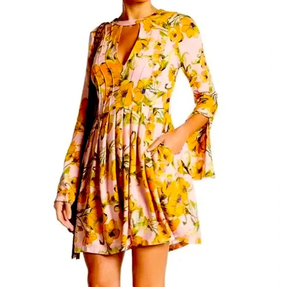 T Free People Floral Pink Yellow Gold Tegan Cutout Mini Pleated Dress